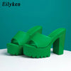 Eilyken Summer Fashion Women's Slippers Banquet Nightclub Platform Chunky High Heels Slide Mule Shoes Green White Sandals