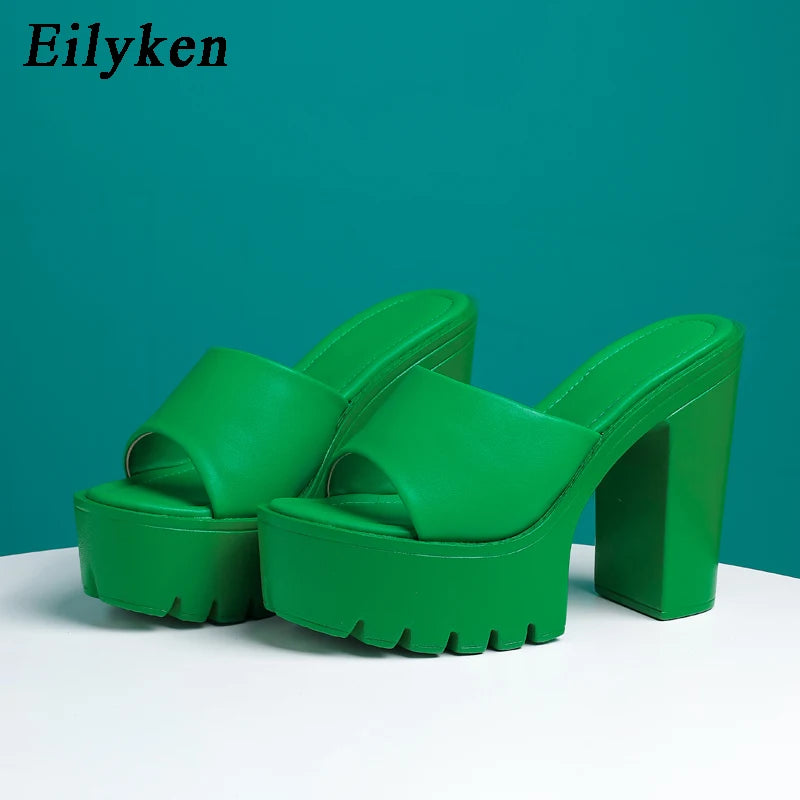 Eilyken Summer Fashion Women's Slippers Banquet Nightclub Platform Chunky High Heels Slide Mule Shoes Green White Sandals