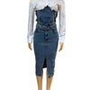Denim Skirt Suit Women 2 Piece Sets Shirt Patchwork Turn Down Collar Belt Pockets Overshirt Straight Skirts Distressed Outfits