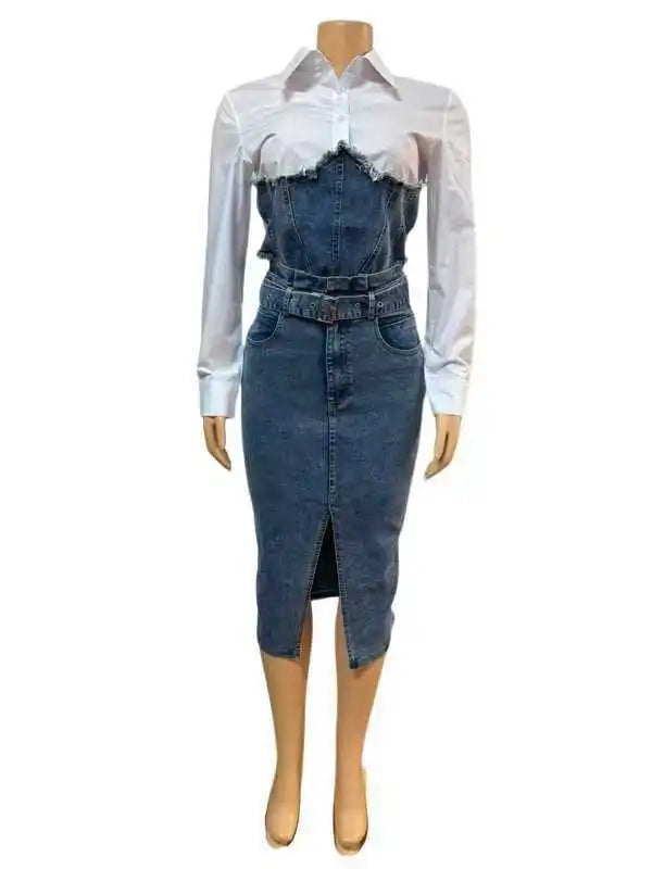 Denim Skirt Suit Women 2 Piece Sets Shirt Patchwork Turn Down Collar Belt Pockets Overshirt Straight Skirts Distressed Outfits
