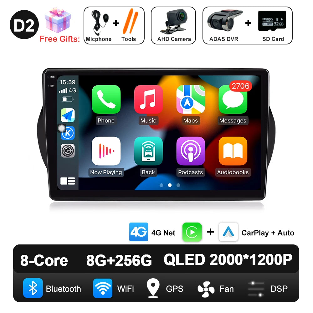 Android 14 For Fiat Fiorino Qubo Citroen Nemo Peugeot Bipper 2008 - 2017 Carplay Auto QLED Screen 4G Car Radio Multimedia Player