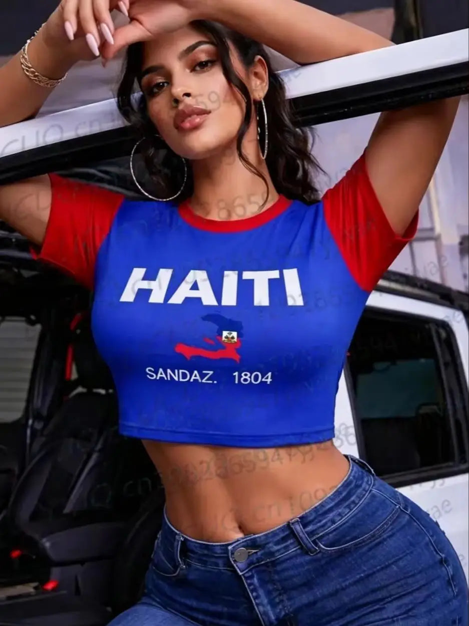 Summer 2026 New Women's Haiti Flag Print Football Jersey Round Neck Short Sleeve Jersey Cheerleaders Crop Top T-shirt