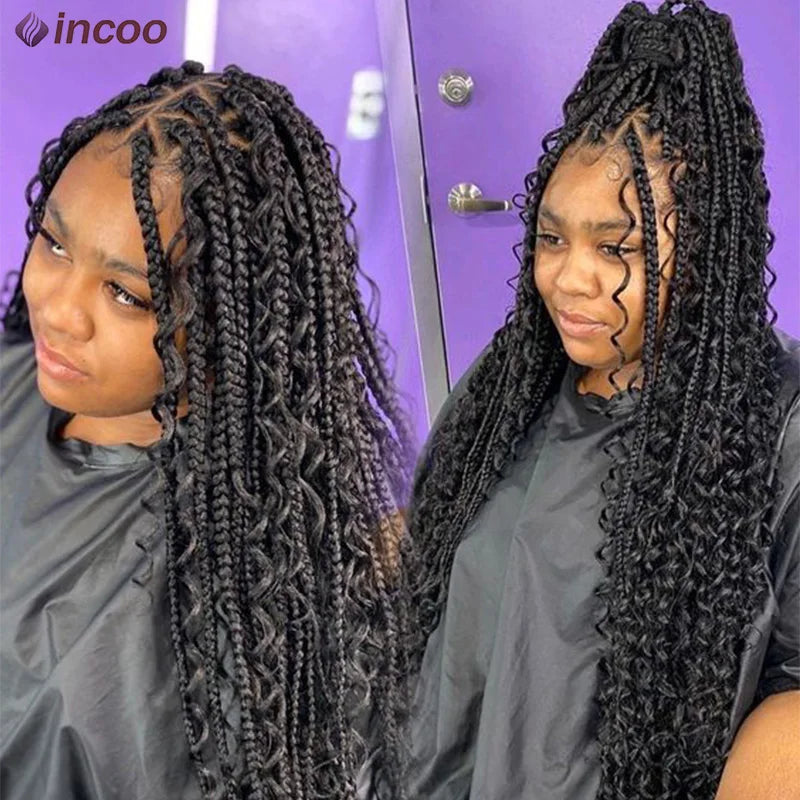 Boho Box Braided Wigs Curly Hair Synthetic Full Lace Front Wigs for Black Women Goddess Locs Braid Wig Bohemian Box Braid Wig