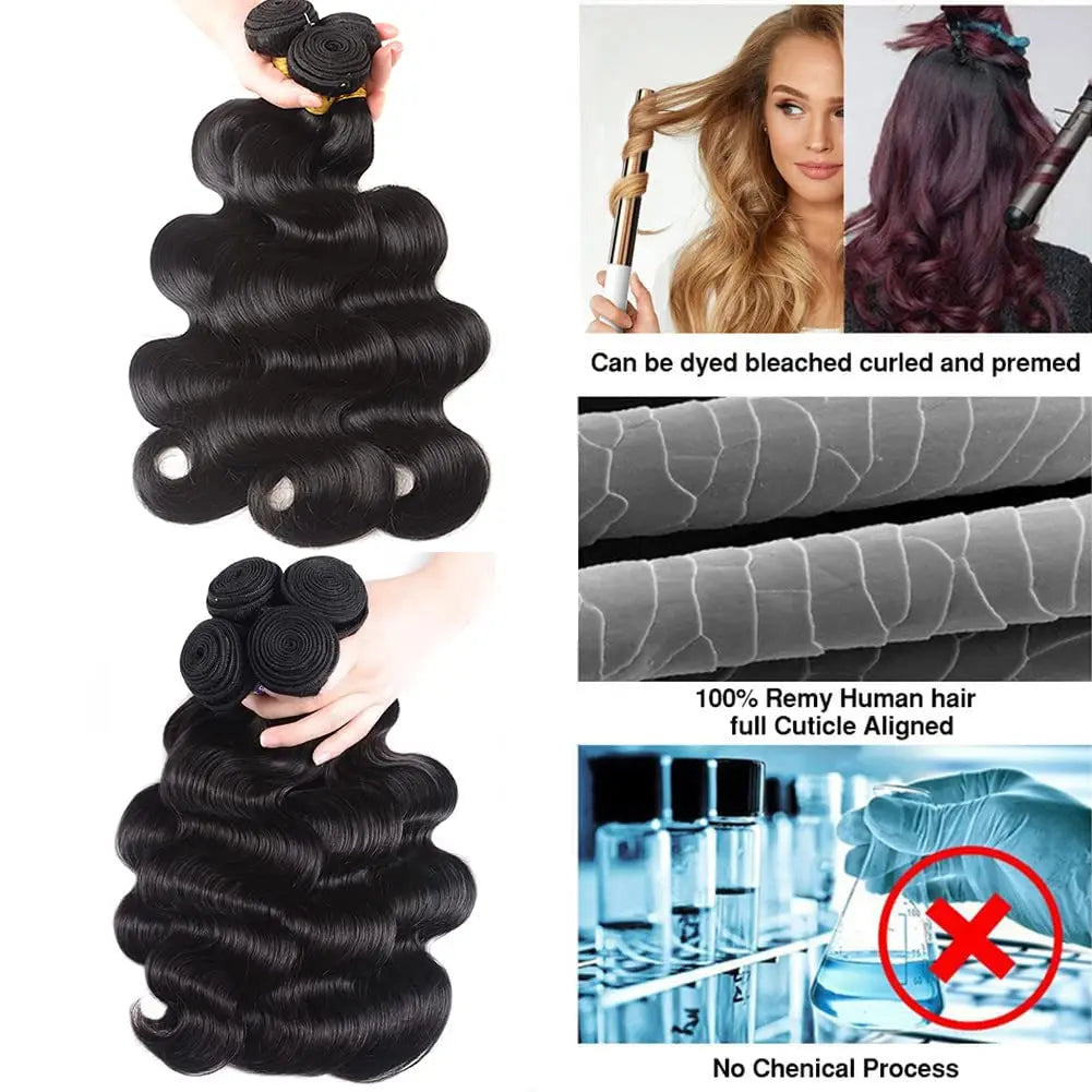Brazilian Body Wave Bundles with 13x4 Lace Closure Real Human Hair Closure with 3 Bundles Weave Virgin Hair Natural Black Color