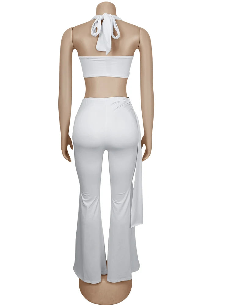 Beyprern New Chic Twist Front Crop Top And Long Straps Wide Legs Pants Set Womens Ruched Metal Tracksuits Set Night Out Overalls