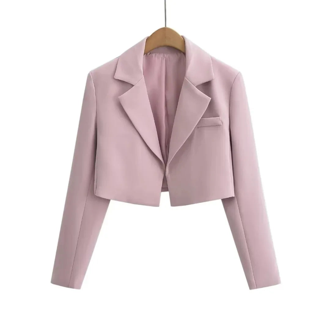Autumn Notched Collar Open Stitching Blazer Vintage Women Full Sleeve High Waist Short Suit Cool Girl Coat Outwear