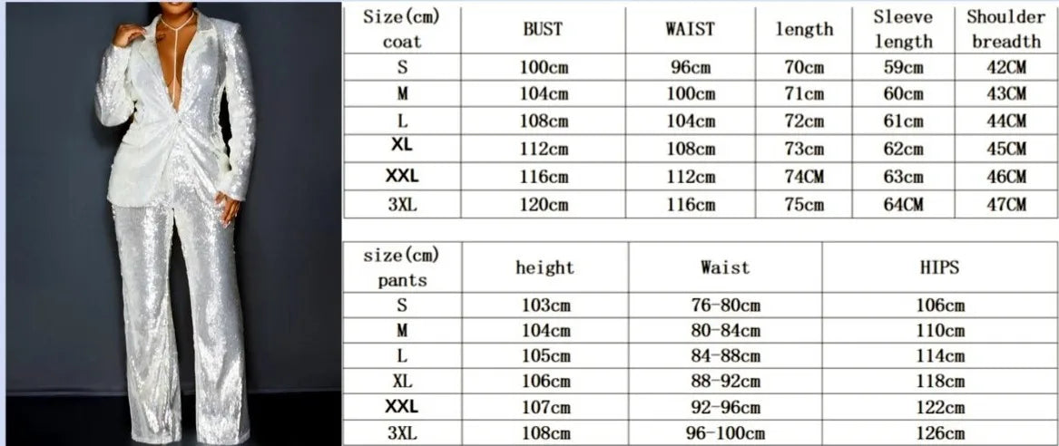 Women Two Piece Sets Sequin Blazer V Neck Full Sleeve Coats Temperament Slim Fit Casual High Waist Wide Leg Long Pants Suits