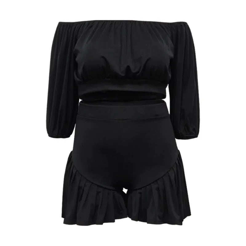 Customized Plus Size Women's Set Long Sleeve Slash Neck T-Shirt and Shorts 2025 Summer Ruched Two 2 Piece Set Outfits Tracksuit