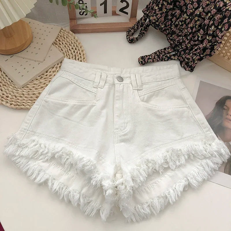 ITOOLIN Women Vintage Tassels Denim Shorts Button Loose High Waist A-line Jean Shorts Casual Women Office Trousers Streetwear