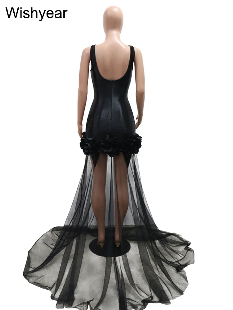 New Black Mesh See Though Flower Ruched Luxury Rhinestone Wedding Evening Mermaid Long Dress Women Strap Cocktail Birthday Robe