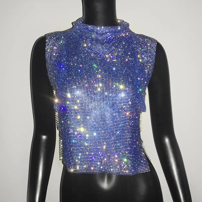 Sexy Rhinestone Backless Party Crop Top Women Glitter Turtleneck TShirt Adjustable Metal Chain Summer Nightculb Diamond Tank Top