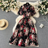 2024 Summer Women Floral Pleated Dress Vintage Turn-Down Collar Short Sleeve Single Breasted Printed Draped Midi Vestidos New