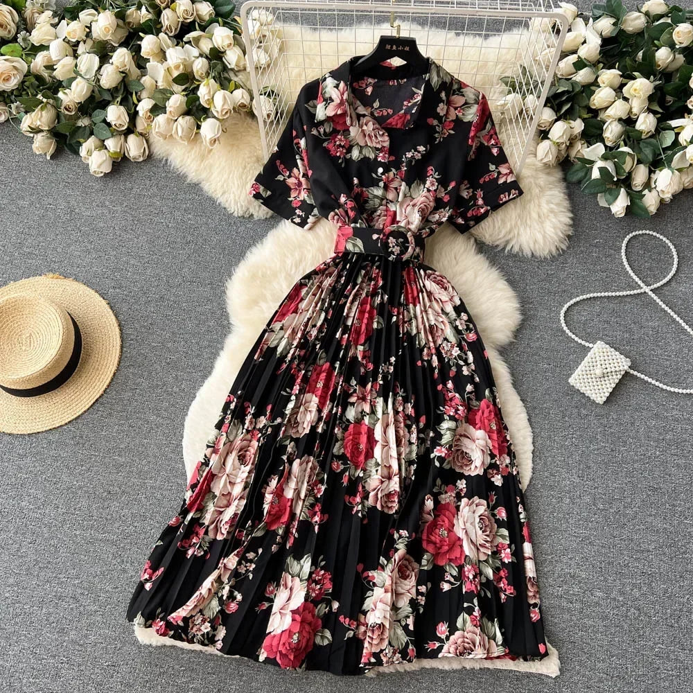 2024 Summer Women Floral Pleated Dress Vintage Turn-Down Collar Short Sleeve Single Breasted Printed Draped Midi Vestidos New