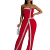 Wishyear Irregular Off Shoulder Sleeveless Strapless Jumpsuits Women Button Patchwork Wide Leg Pants Evening One Piece Outfits