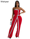 Wishyear Irregular Off Shoulder Sleeveless Strapless Jumpsuits Women Button Patchwork Wide Leg Pants Evening One Piece Outfits