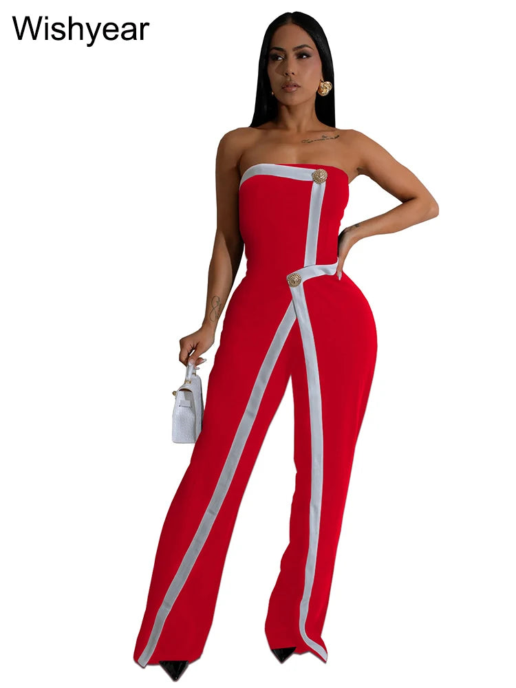 Wishyear Irregular Off Shoulder Sleeveless Strapless Jumpsuits Women Button Patchwork Wide Leg Pants Evening One Piece Outfits