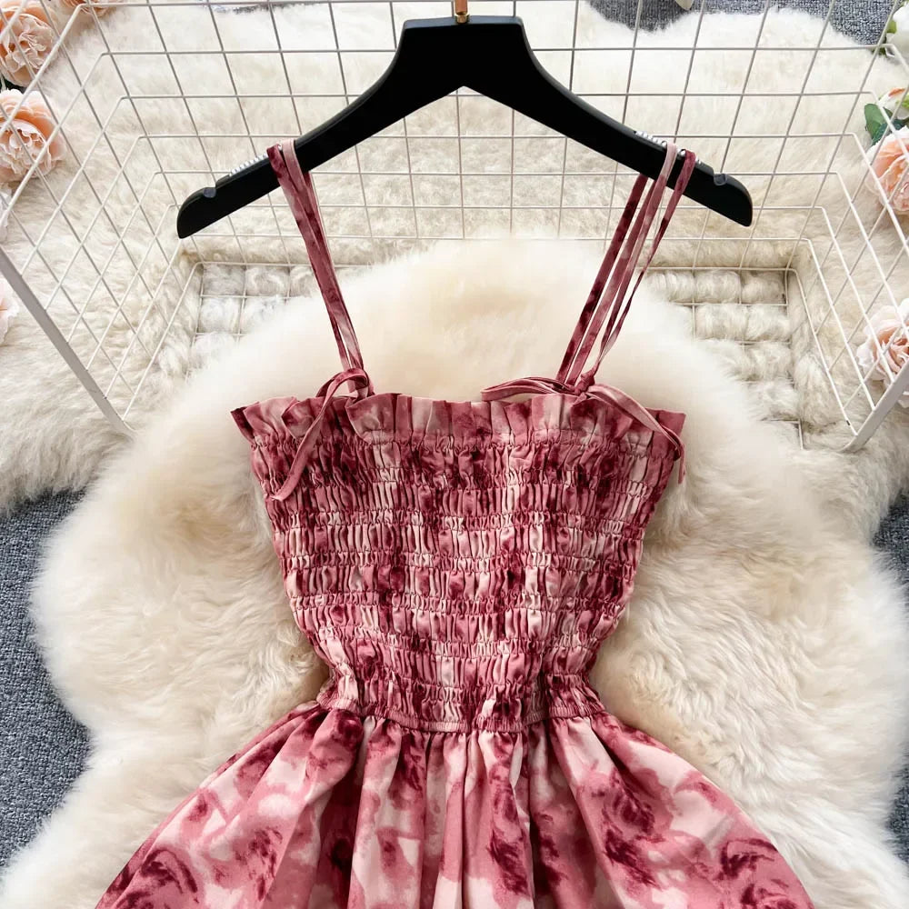 2024 New Summer Korean Fashion Rose Flower Print Romantic Retro Party Dress Elastic High Waist Vacation Long Dress Beach Vestido