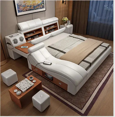 MANBAS Tech Smart Multifunctional Bed Frame with Genuine Leather, Bluetooth Speaker, and Massager Ultimate Soft Lit Tatami Camas