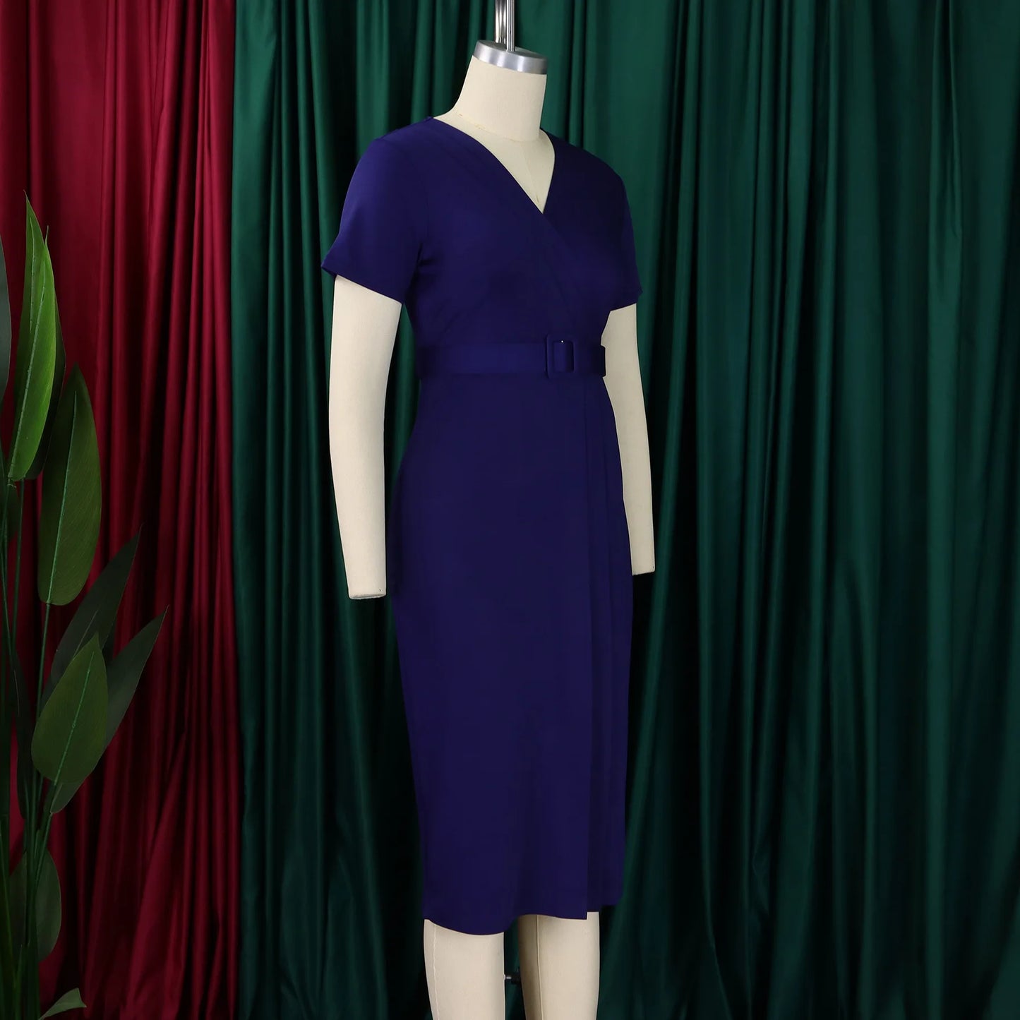 2024 summer new short sleeve V-neck waist solid color Tunle pencil skirt dress