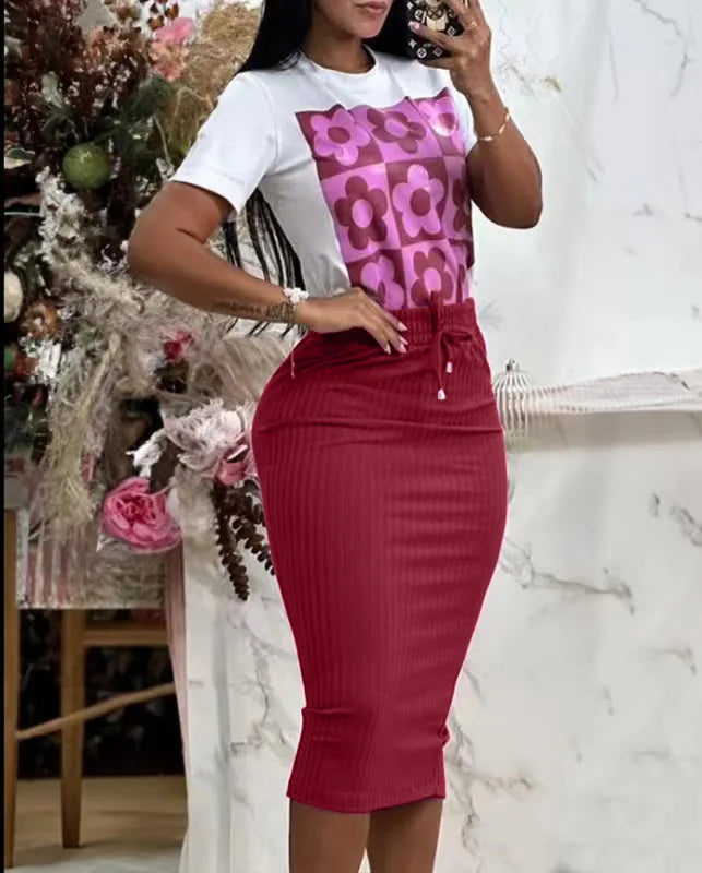Casual Short Sleeve Tshirt Dress Set Office Lady Spring Summer Elegant Print Tops Solid Skirt Two Piece Set Women Outfit 2024
