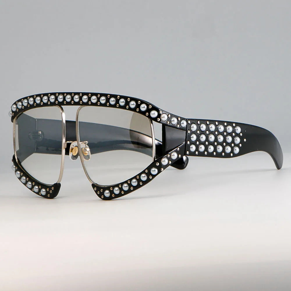 45448 Goggles Sunglasses Women Luxury Shades Pearl Glasses Frame Red Mirror Glasses Oversized UV400 Brand Glasses Female