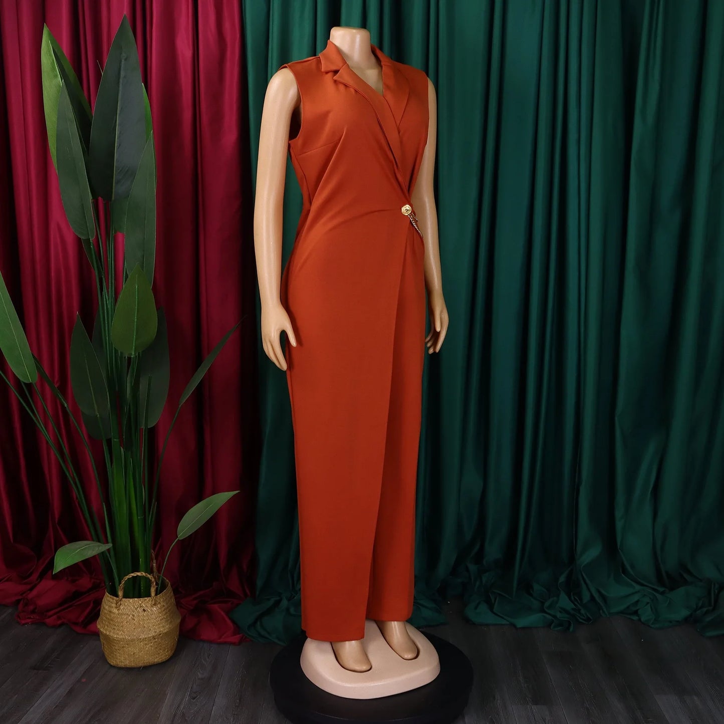 Elegant Jumpsuits & Rompers for Woman 2024 New Turn Down Collar Sleeveless High Waisted V Neck Straight Female Birthday Overalls