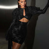 New Sexy Gloves Long Sleeves Cutout Pleated Draped Mini Dress Women Red/White Lace Floral Bodycon Dresses Party Cocktail Club