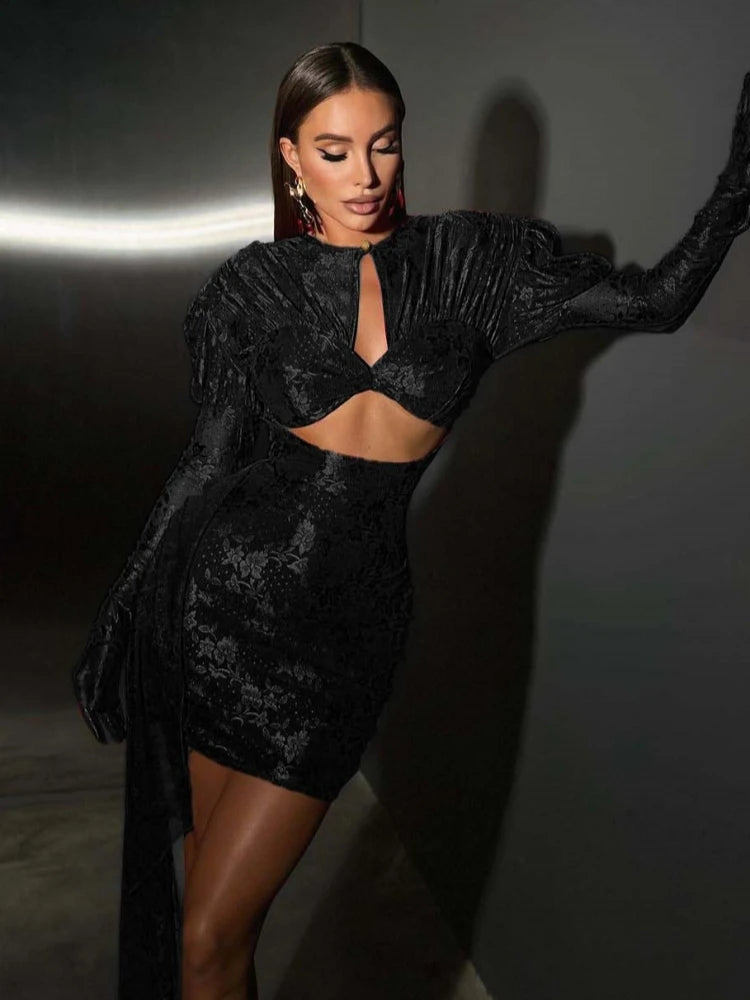 New Sexy Gloves Long Sleeves Cutout Pleated Draped Mini Dress Women Red/White Lace Floral Bodycon Dresses Party Cocktail Club