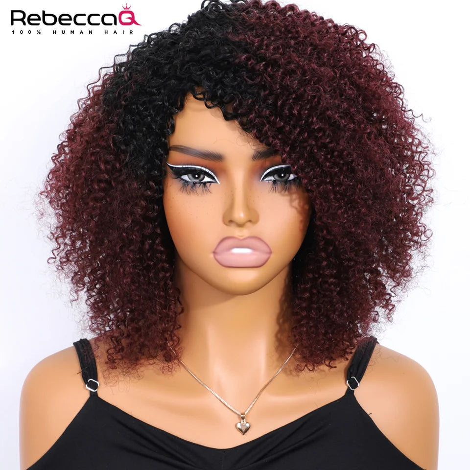 Ombre Brown Short Afro Kinky Curly Bob Wigs For Women Brazilian Human Hair Wigs Highlight Human Hair Wig With Bangs 180% Density