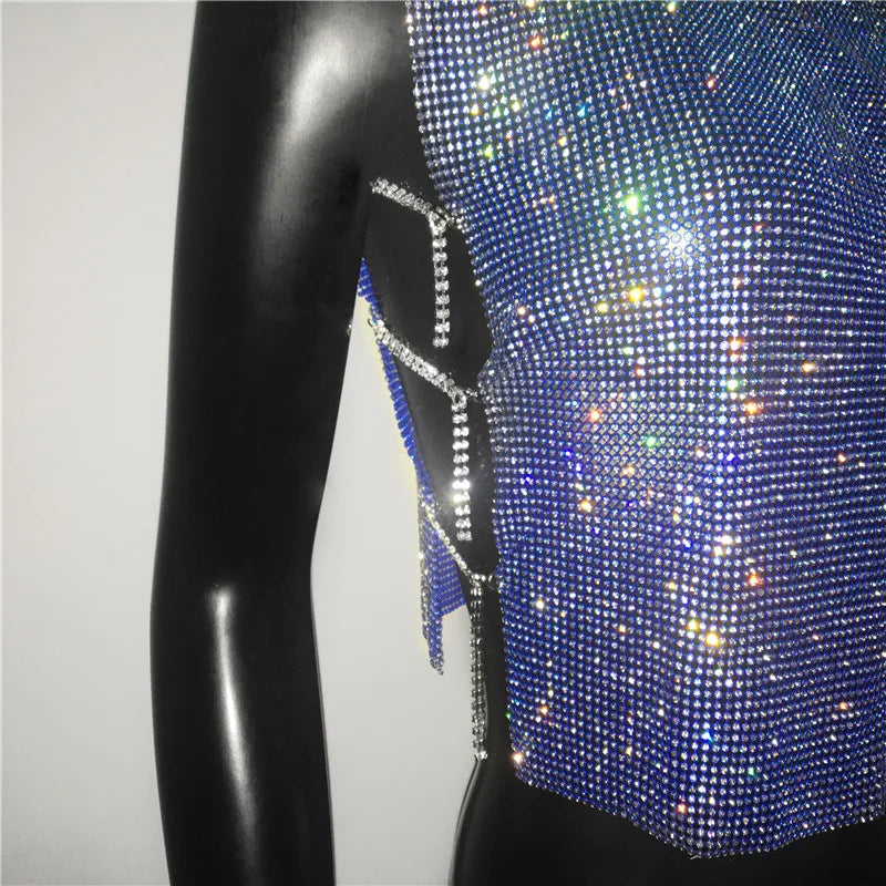 Sexy Rhinestone Backless Party Crop Top Women Glitter Turtleneck TShirt Adjustable Metal Chain Summer Nightculb Diamond Tank Top