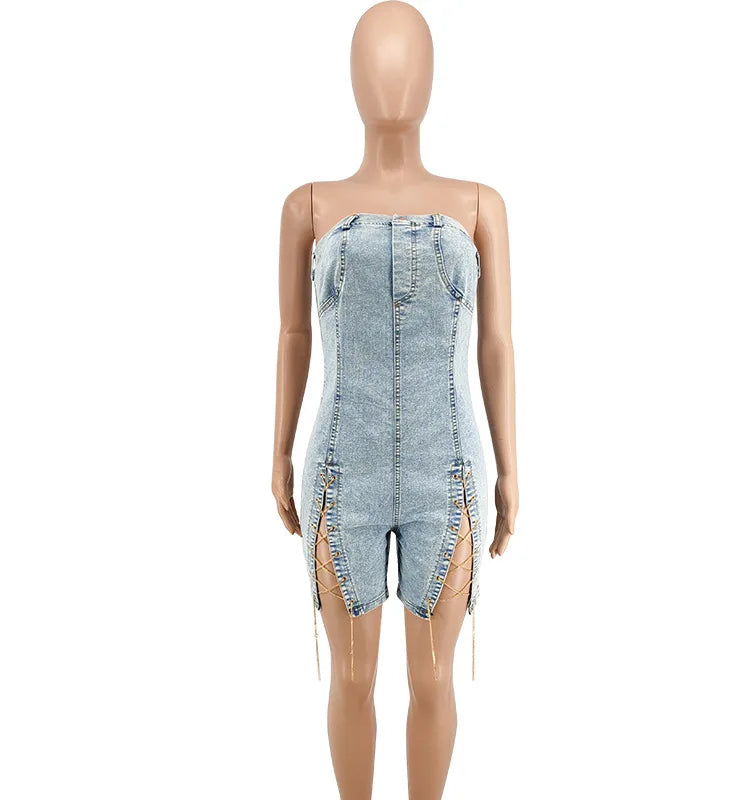 Rompers Women One Piece Elegant Splice Denim Jumpsuits Sexy Slim Fit Strapless Sleeveless Short Pants Sheath Playsuits