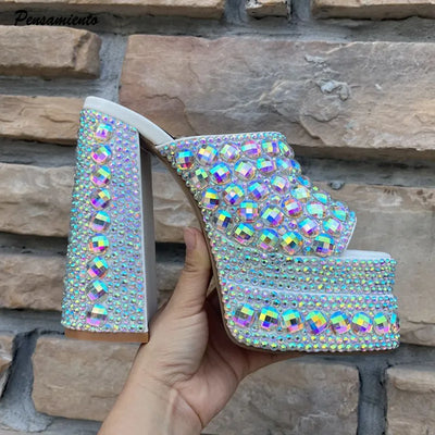 Luxury Handmade Full Rhinestones Platform Wedges Women Slippers Sandals Fashion Summer High heels Mules Slides Chunky Shoes