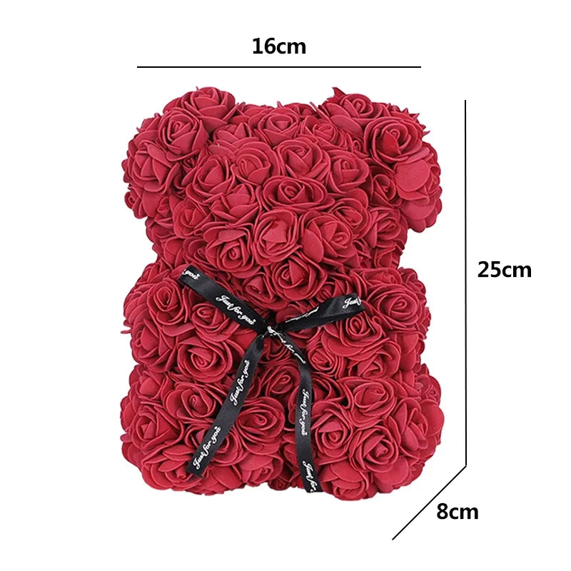 25cm Artificial Teddy Rose Flower Bear with Box Romantic Valentines Day Gift Girlfriend Women Mother Birthday Wedding Party Deco