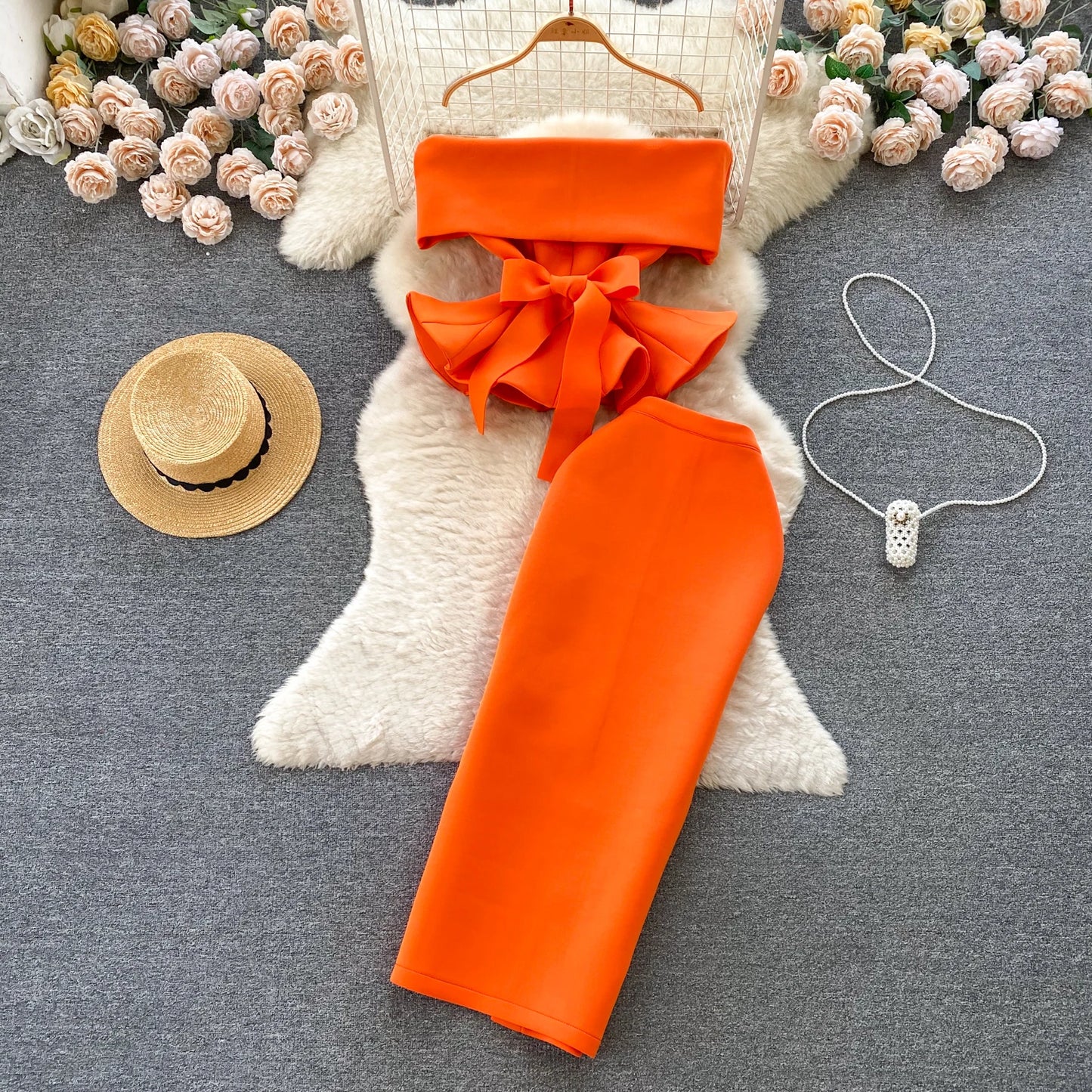 Women Vintage Two Pieces Skirt Sets Women Long Sleeve Sexy Slash Neck Bandage Ruffle Blouse Top and High Waist  Hip Wrap Skirt