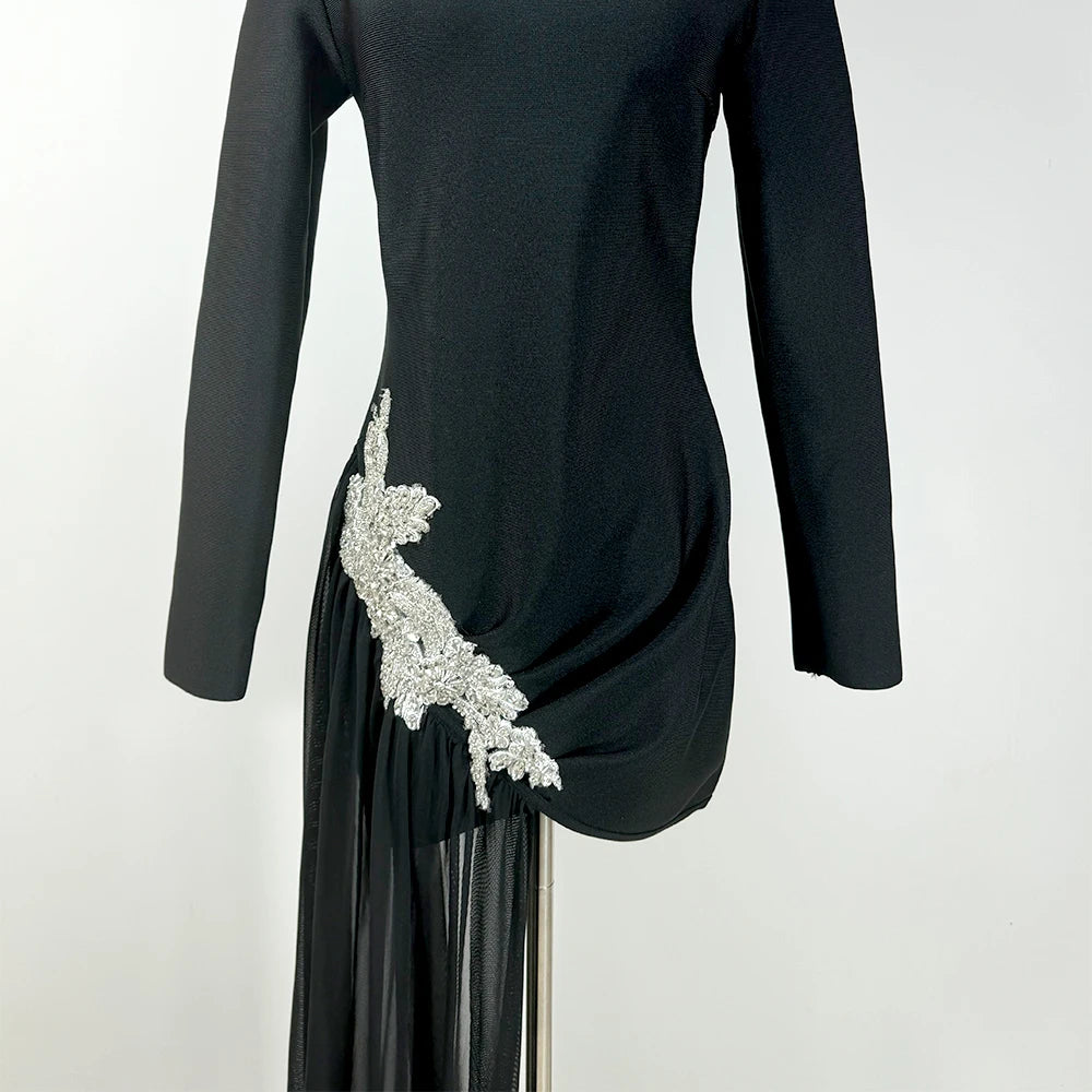 GPBD Sexy Bead Appliques Irregular High Low Dress Black Long Sleeved O-Neck Long Dresses Autumn Clothes Women 2024
