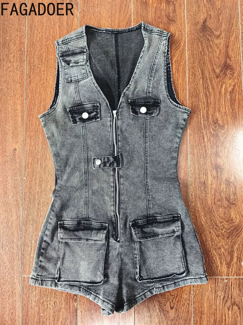 FAGADOER Spring Summer New Sexy Sleeveless Denim Rompers Women Button Zipper Cargo Pocket Patchwork Female Streetwear Overalls