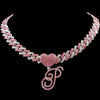 Hip Hop Bling Pink Crystal Cursive Initial Letter Cuban Necklace for Women Iced Out Paved Cuban Chain Necklace Choker Jewelry
