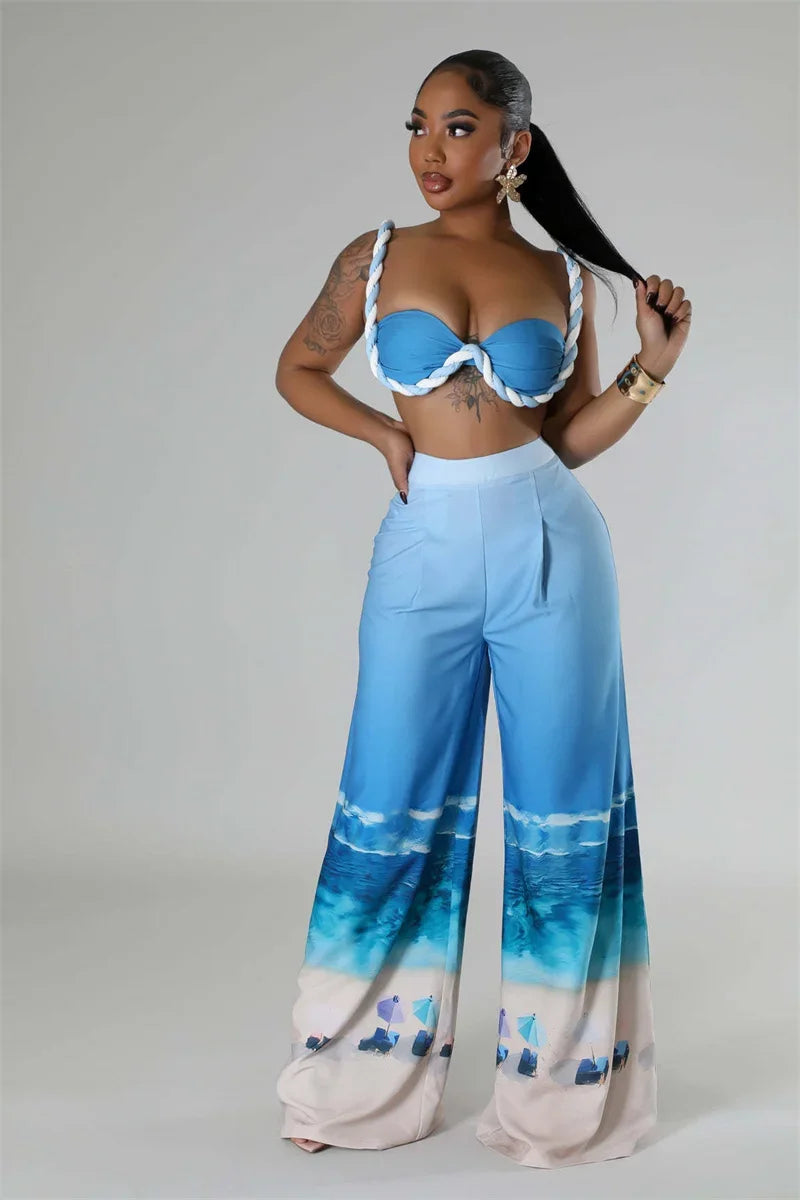 Sexy Nightclub Outfits for Women 2 Piece Set Birthday Vacation Bra Crop Top and Print Wide Leg Pants Matching Sets Beach Wear