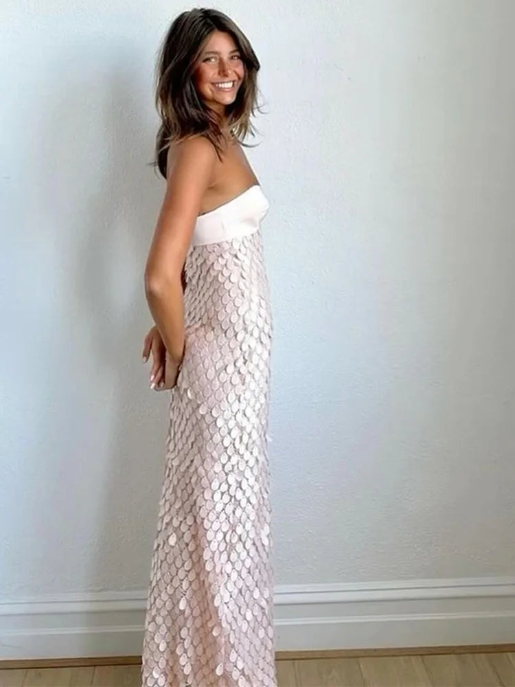 Sexy Stain Long Dress Women Patchwork Solid Tube Top Sleeveless Party Dresses 2025 Summer Lady Slim Vacation Backless Robes
