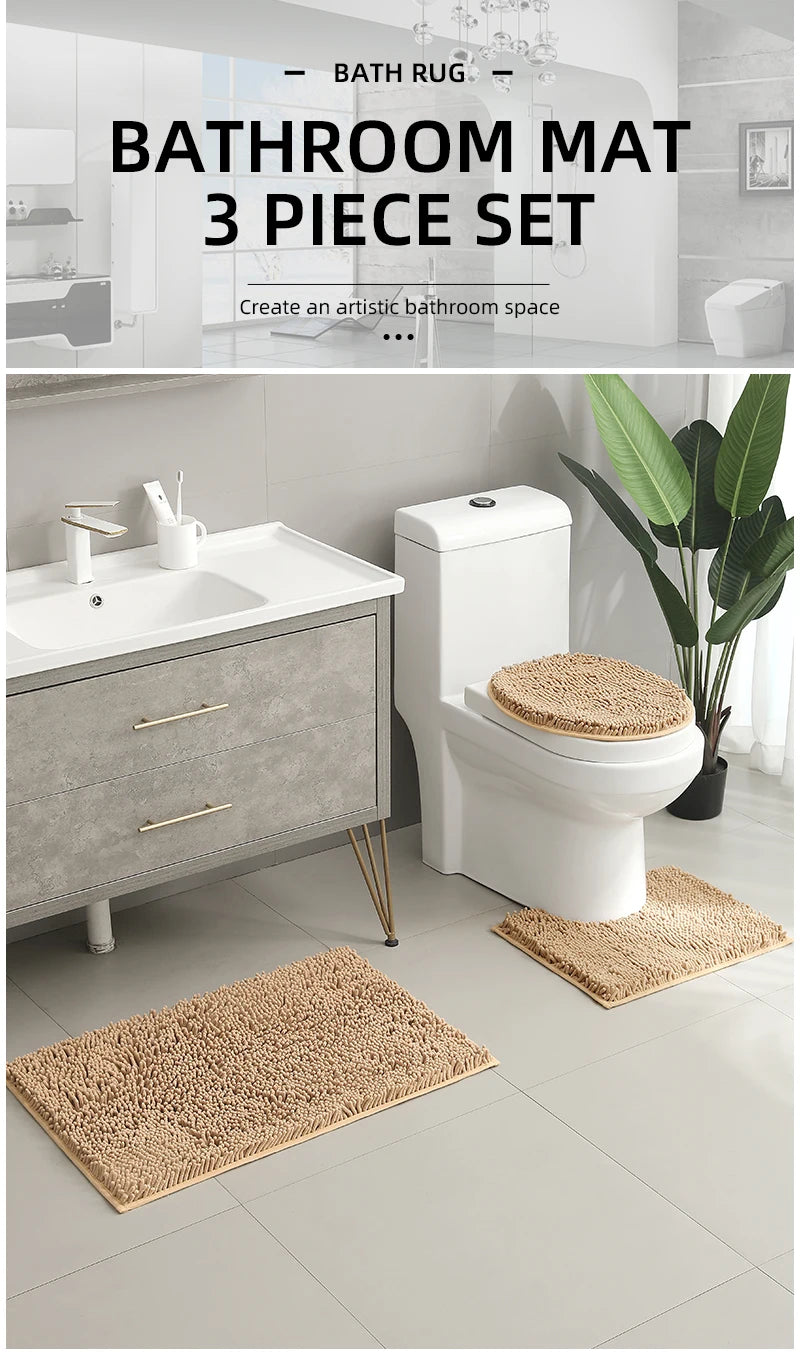 3-piece bathroom chenille floor mat, absorbent anti slip bathroom carpet, bathroom U-shaped foot mat, toilet lid, TPR anti slip