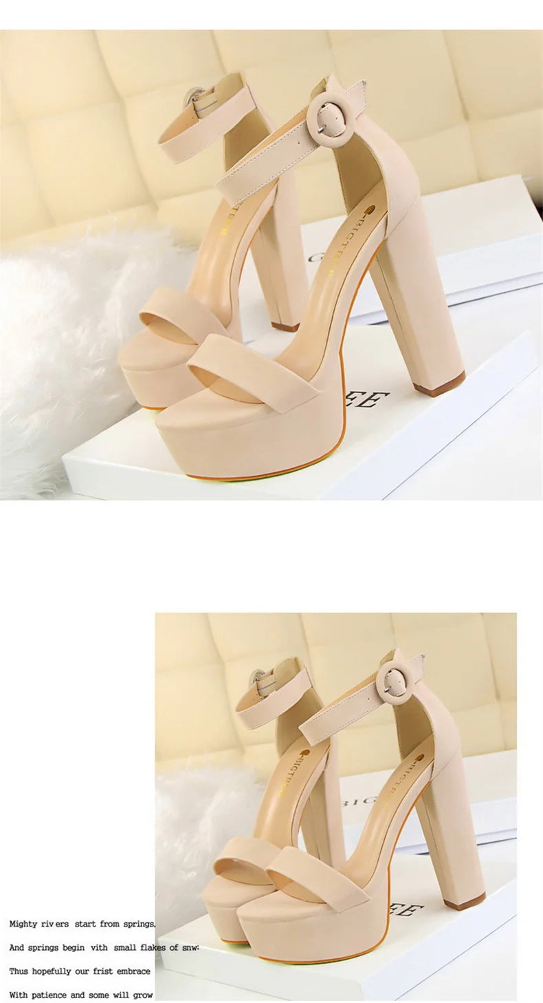 Fashion Women Pumps Sandals Summer Platform Belt Buckle Strap PU Square Heel Outdoor Korean Style Black Open Toe Grace 1550-1