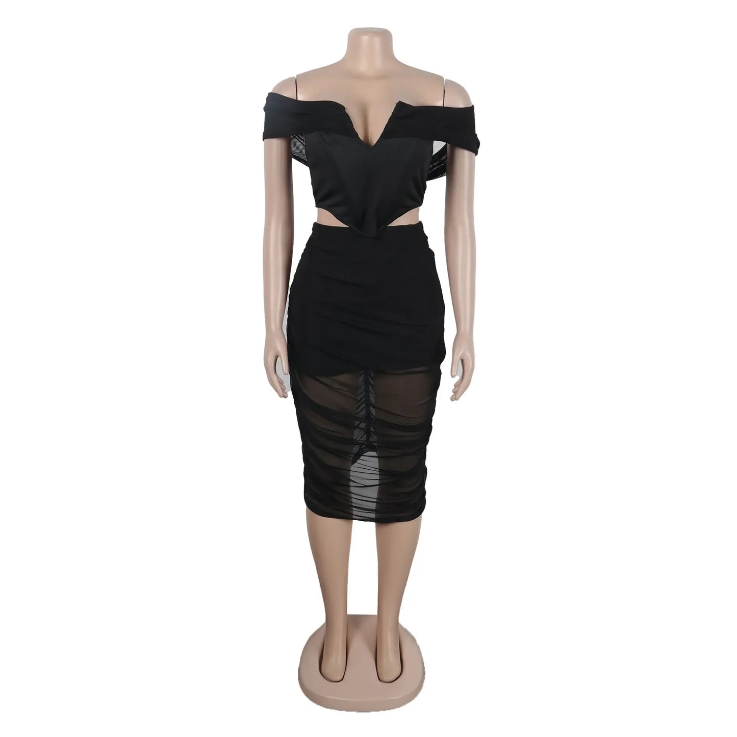 S10632 Sexy Slimming Mesh Splice Bum Covering Visibility Elastic Off-Shoulder 2-Piece Set European And American Style