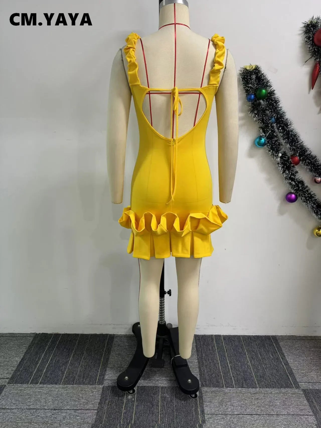 CM.YAYA Women Spaghetti Strap Sleeveless V-neck Mini Dress 2025 Summer Ruched Stacked Party Evening Night Club Chic Dresses