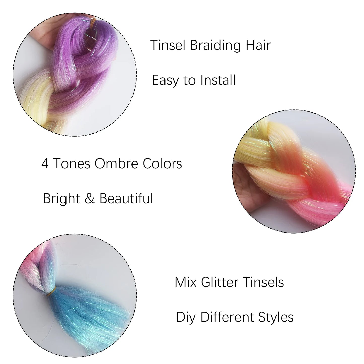 Colored Braiding Hair Mix Tinsels  Jumbo Braiding Tinsel Hair 4 Tones Ombre Braids  24 inch Festival Rave Hair For Girls Kids