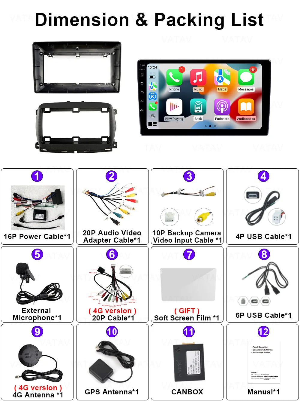 For Fiat 500 2016 2017 2018 2019 Car Multimedia Carplay Android Auto GPS stereo Radio Video Palyer 10 Inch Head Unit
