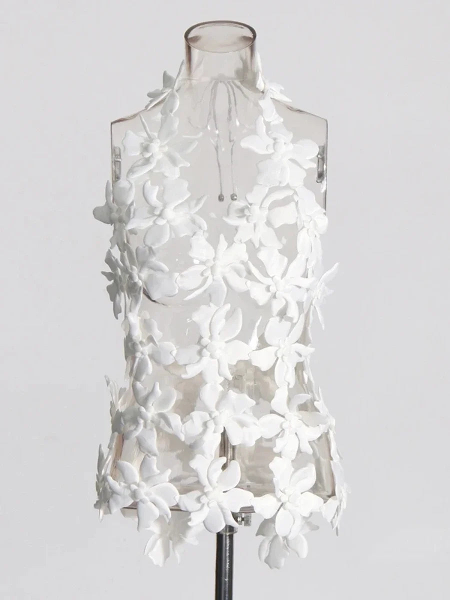 VGH Spliced 3D Flower Cutout Sexy Vest for Women Halter Sleeveless Backless Off Shoulder Patchwork Lace Up Summer Top Female new