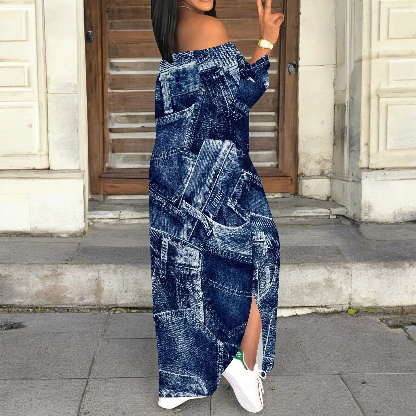Denim Retro Print Long Sleeve Slim Fit Elegant Casual Slit One-Shoulder Neck Dress