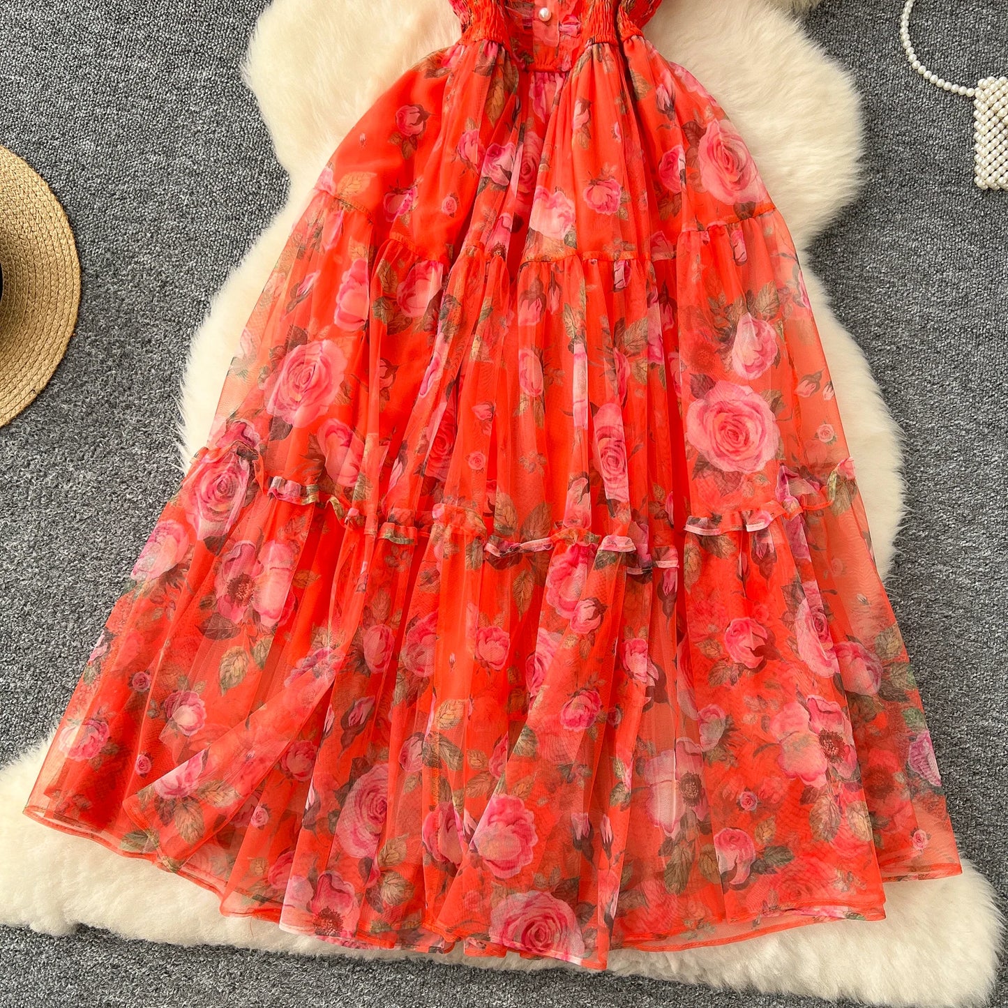 Elegant Slash Neck Vintage Short Puff Sleeve Chic Print Slim Chiffon Dresses French High Street Evening Autumn Mesh Clothing