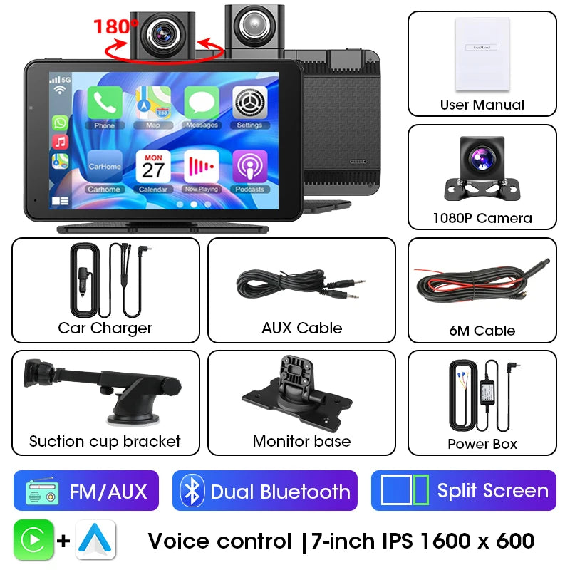 Jansite 7" Car DVR 2.5K Dash cam Wireless Carplay Android Auto Front and Rear Camera Dashboard Driving Recorder Dual Lens Wifi
