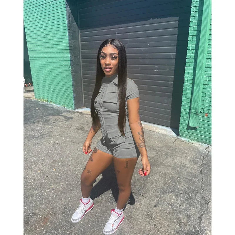 Streetwear Zipper Pockets Shorts Jumpsuit Women Clothing Short Sleeve Skinny Cargo Playsuit Summer Casual One Pieces Romper